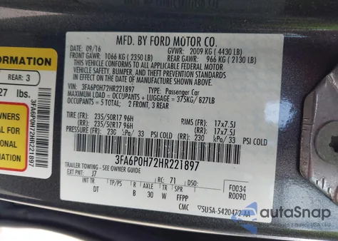 2017 Ford Fusion Se из США, поврежденный, VIN 3FA6P0H72HR221897